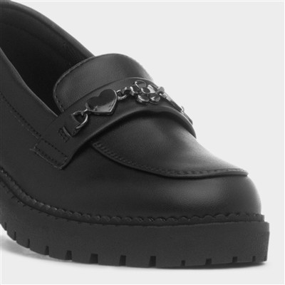 Girls Black Heart & Flower Slip On Loafer