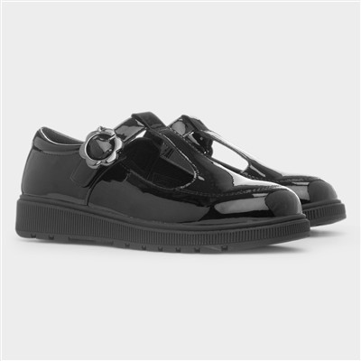 Lainey Girls Black Shiny Buckle Shoe