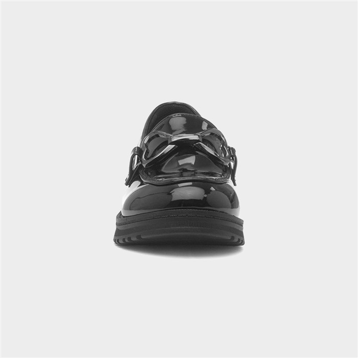 Girls Black Double Heart Patent Loafer Shoe