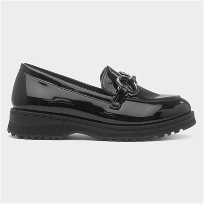 Girls Black Double Heart Patent Loafer Shoe