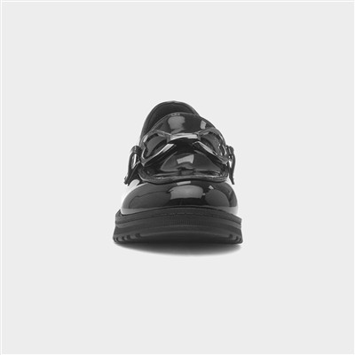 Girls Black Double Heart Patent Loafer Shoe