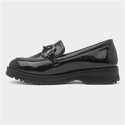 Girls Black Double Heart Patent Loafer Shoe