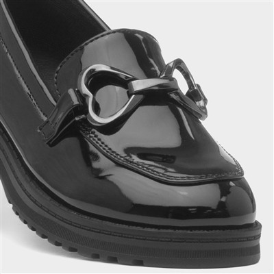 Girls Black Double Heart Patent Loafer Shoe