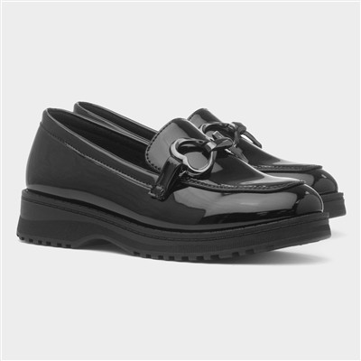 Girls Black Double Heart Patent Loafer Shoe