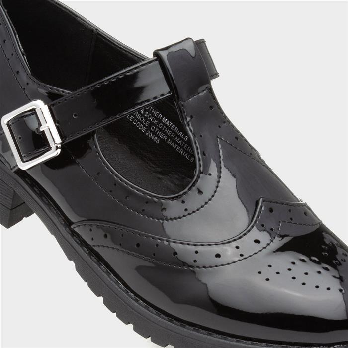Lilley Girls Black Patent Brogue T-Bar Shoe with Buckle Fasten and Chunky Sole