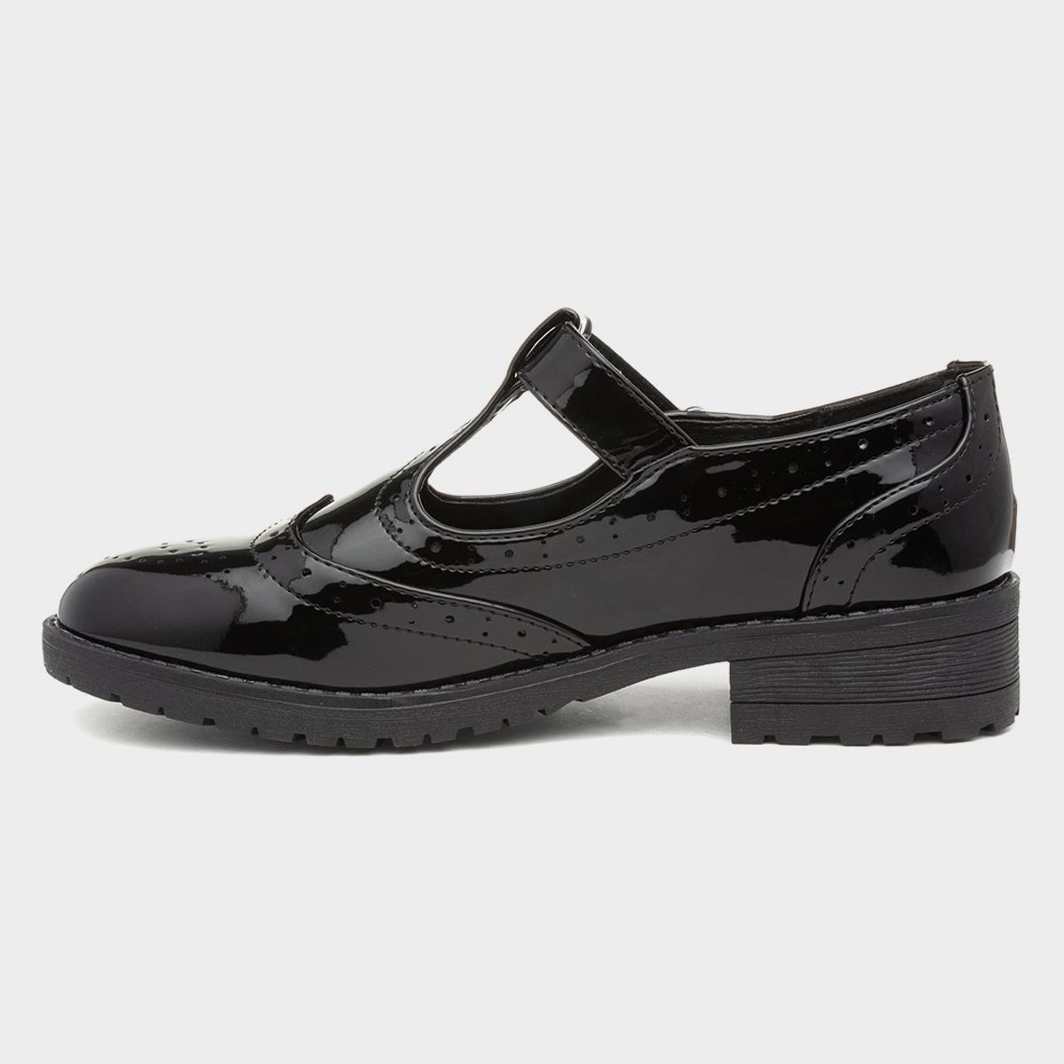 Lilley Girls Black Patent Brogue T-Bar Shoe with Buckle Fasten and Chunky Sole