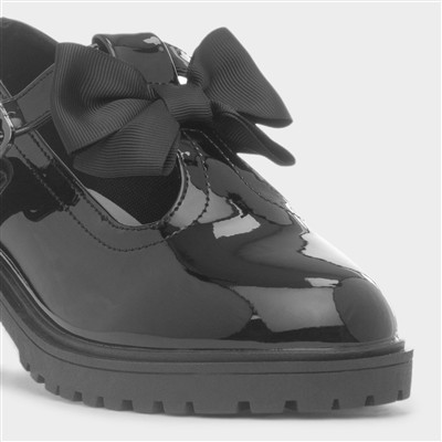 Girls Black Patent Bow T-Bar Shoe