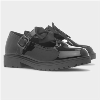 Girls Black Patent Bow T-Bar Shoe