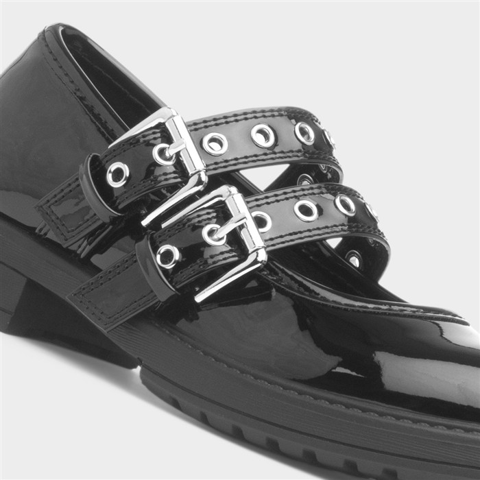 Girls Black Patent Buckle School Shoe