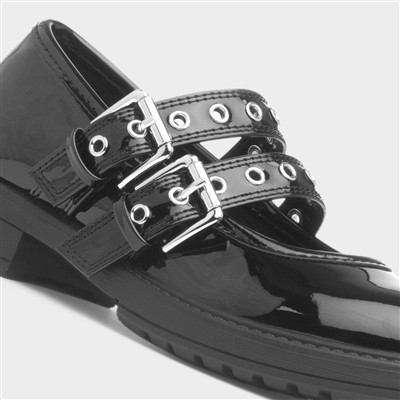 Girls Black Patent Buckle School Shoe