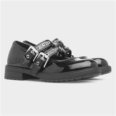 Girls Black Patent Buckle School Shoe