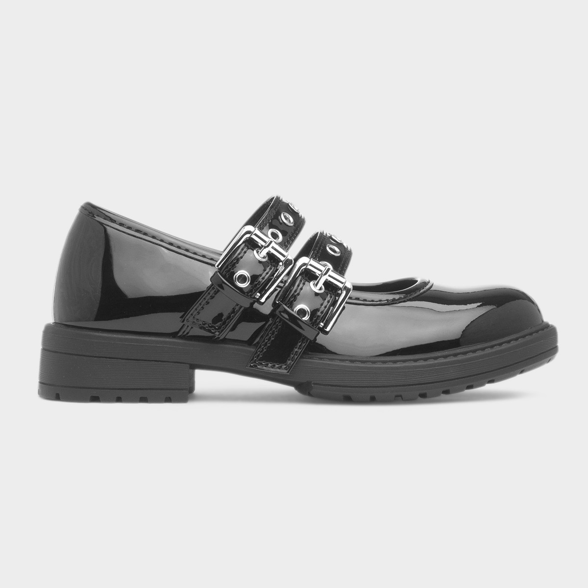 Girls Black Patent Buckle School Shoe