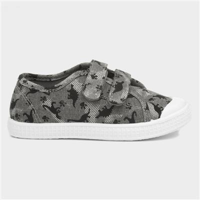 Boys Grey Dinosaur Touch Fasten Canvas