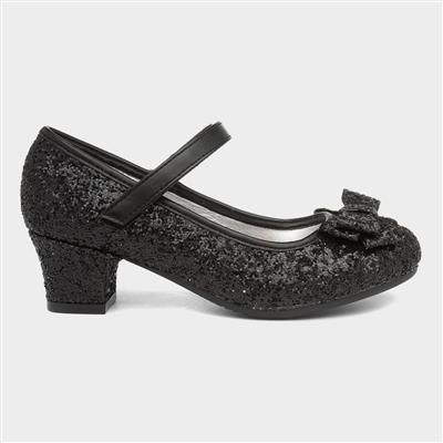 Girls Black Glitter Heeled Shoe