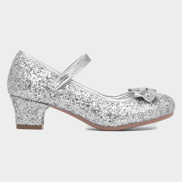 Girls Silver Glitter Heeled Shoe