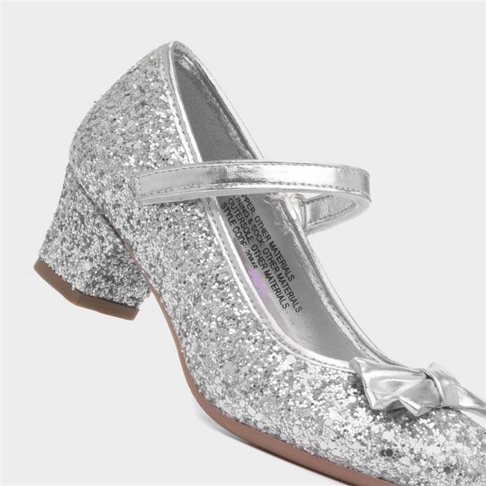 Girls Silver Glitter Heeled Shoe