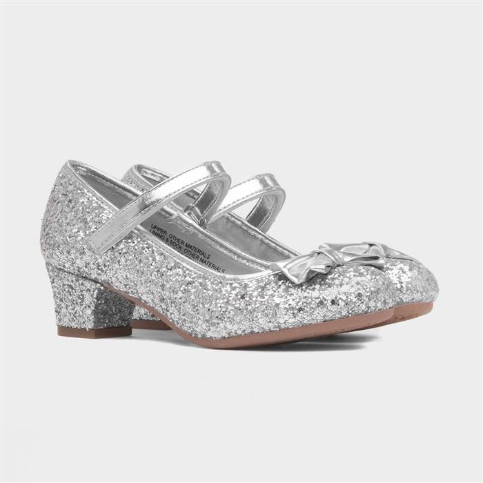 Girls Silver Glitter Heeled Shoe
