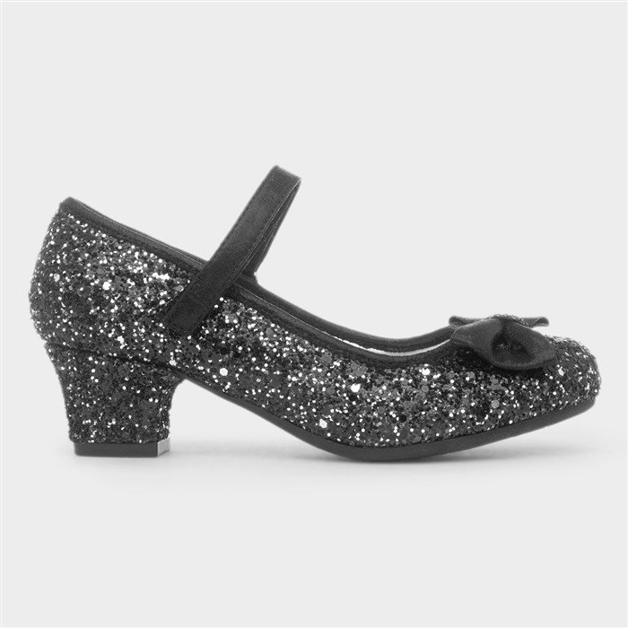 Lacey Girls Black Glitter Bow Heel