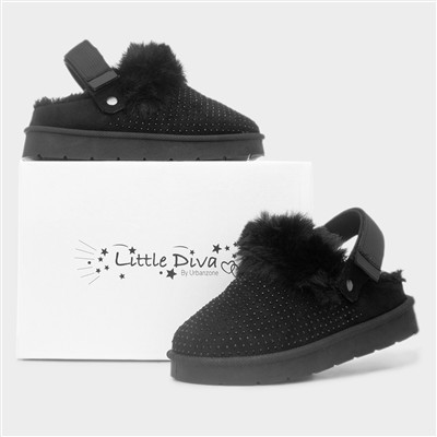 Eliza Girls Black Diamante Mule Shoe