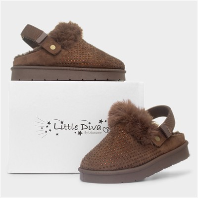 Eliza Girls Brown Diamante Mule Shoe