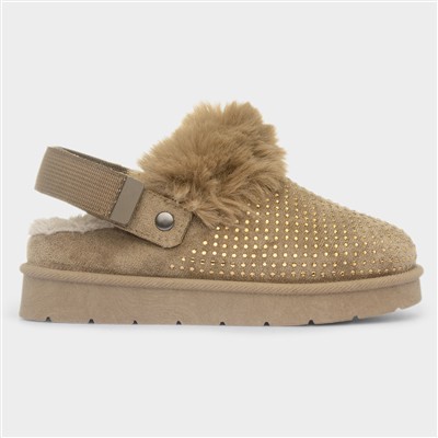 Eliza Girls Khaki Diamante Mule Shoe