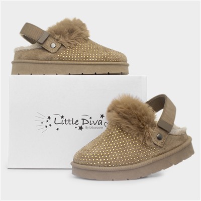 Eliza Girls Khaki Diamante Mule Shoe