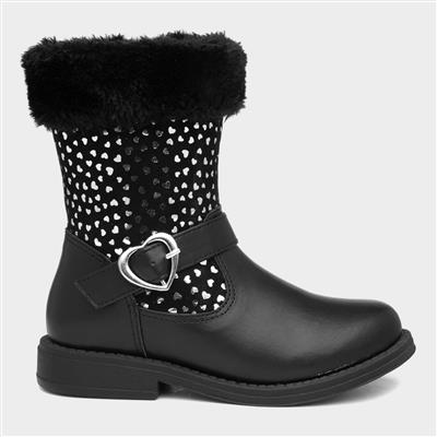 Girls Black Heart Calf Boots