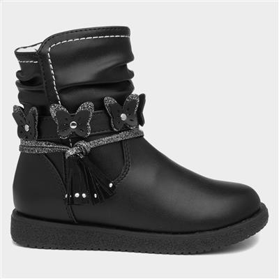 Girls Black Butterfly Ankle Boot