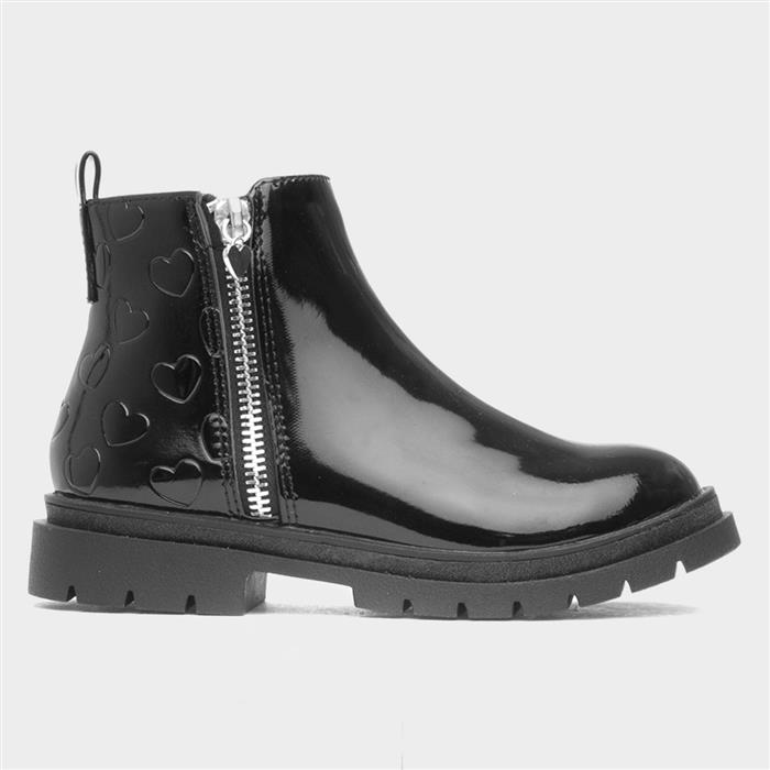 Carla Girls Black Zip Patent Heart Boot