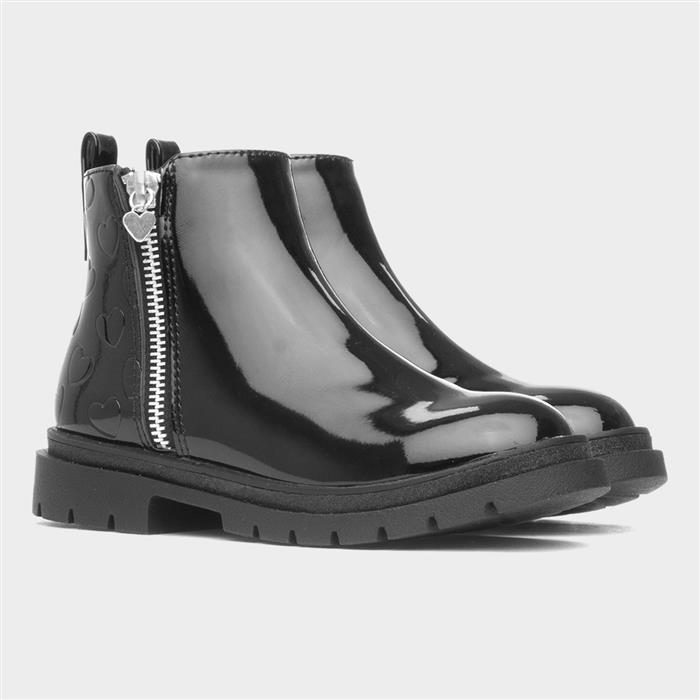 Carla Girls Black Zip Patent Heart Boot