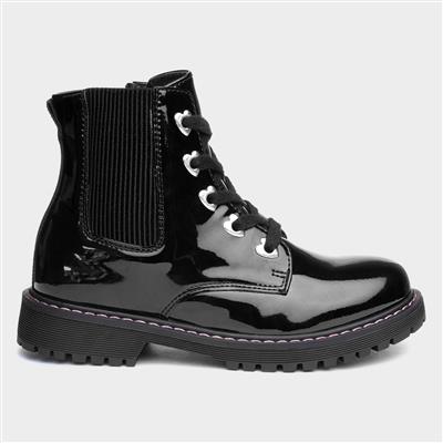 Girls Black Patent Heart Ankle Boots