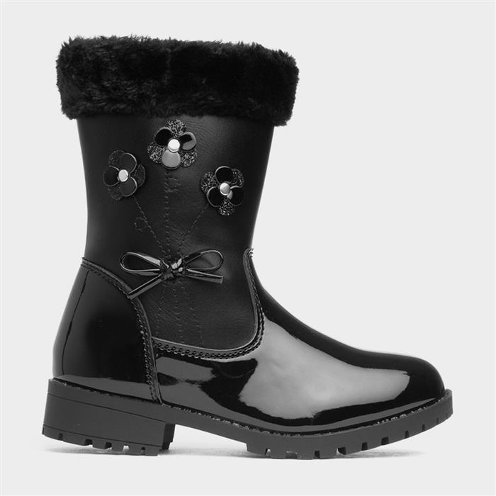 Walkright Cheryl Girls Black Zip Up Patent Boot-28103 | shoezone