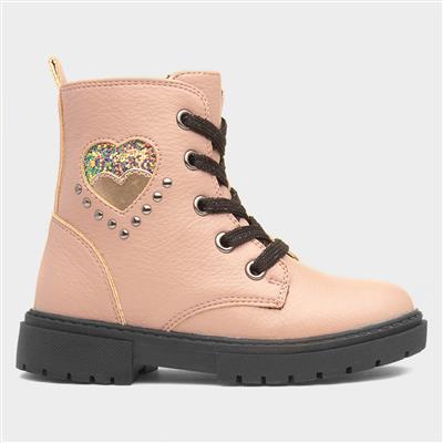 Kids Pink Glitter Heart Ankle Boot