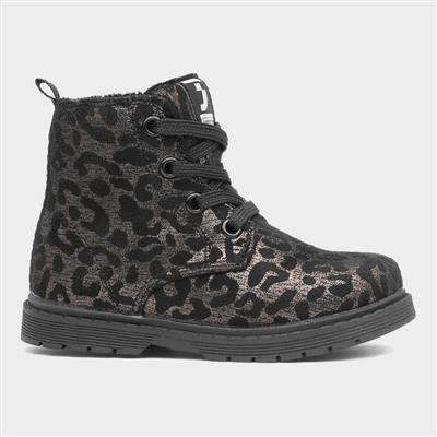 Kids Pewter Leopard Print Lace Up Boot