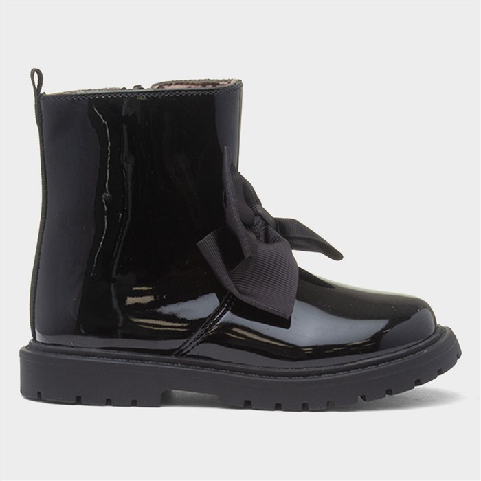 Elle Girls Black Bow Patent Ankle Boot