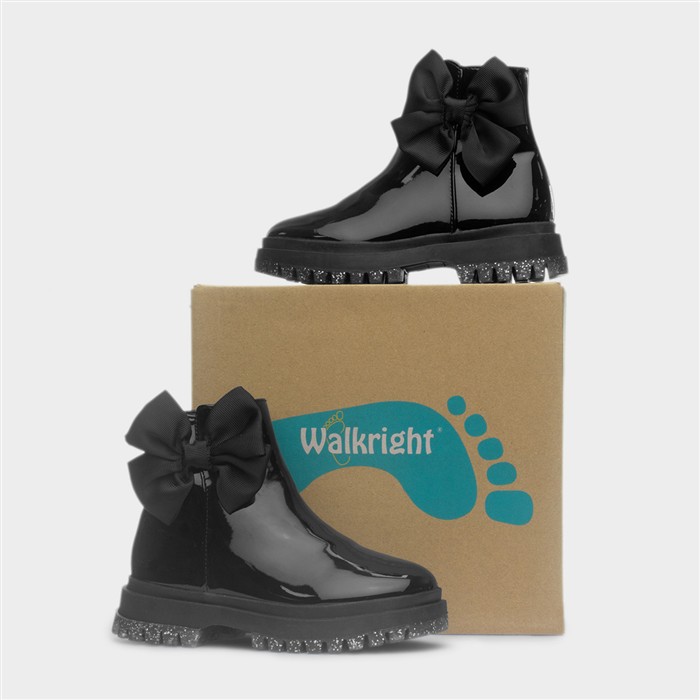 Emelia Girls Black Patent Bow Ankle Boot