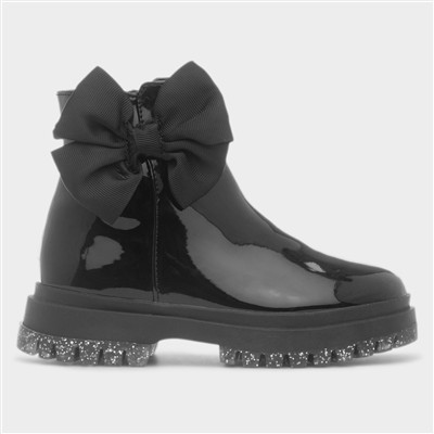 Emelia Girls Black Patent Bow Ankle Boot