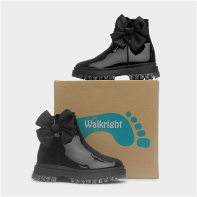 Emelia Girls Black Patent Bow Ankle Boot