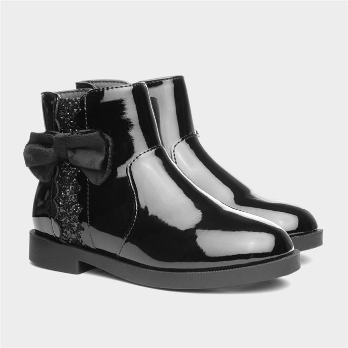 Lauren Girls Black Bow Patent Ankle Boot
