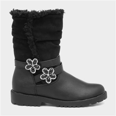 Girls Black Floral Diamante Calf Boot