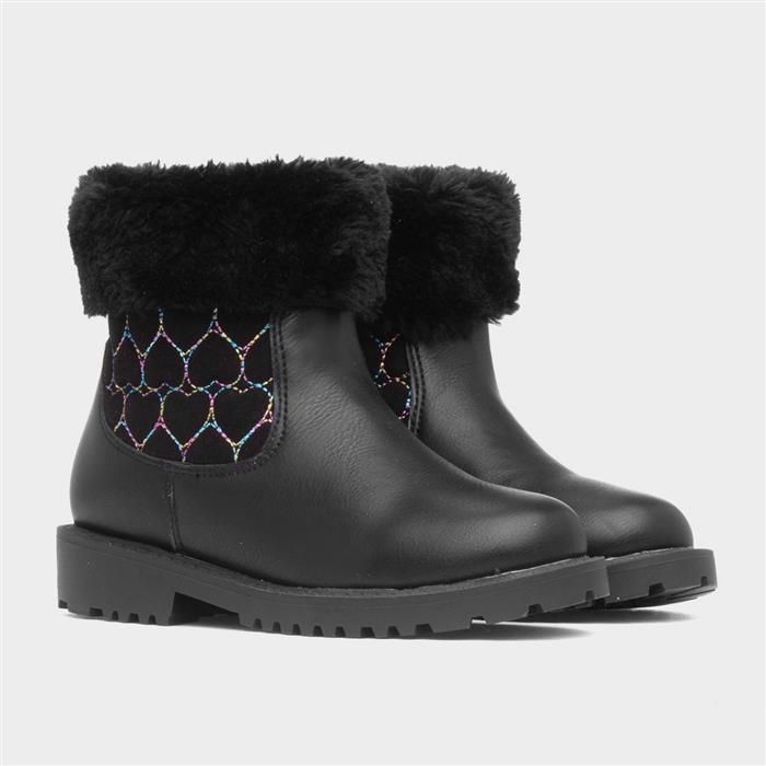 Cecily Girls Black Faux Fur Ankle Boot