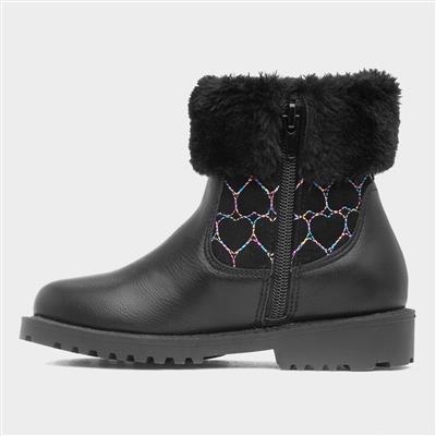 Cecily Girls Black Faux Fur Ankle Boot