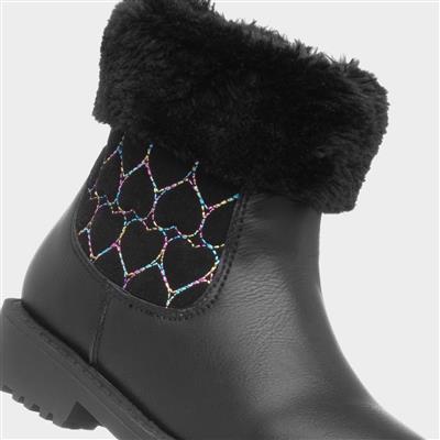 Cecily Girls Black Faux Fur Ankle Boot