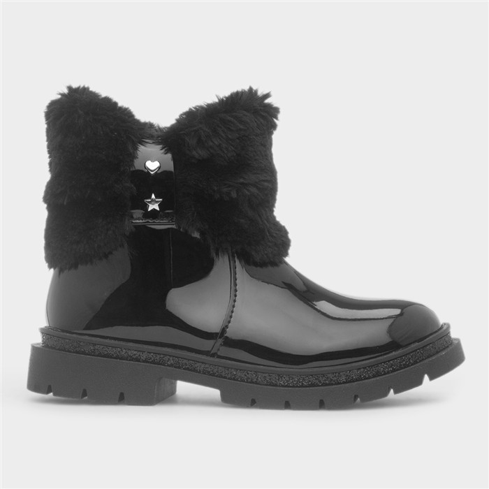 Louisa Girls Black Patent Faux Fur Boot