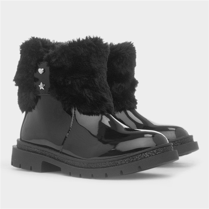 Louisa Girls Black Patent Faux Fur Boot