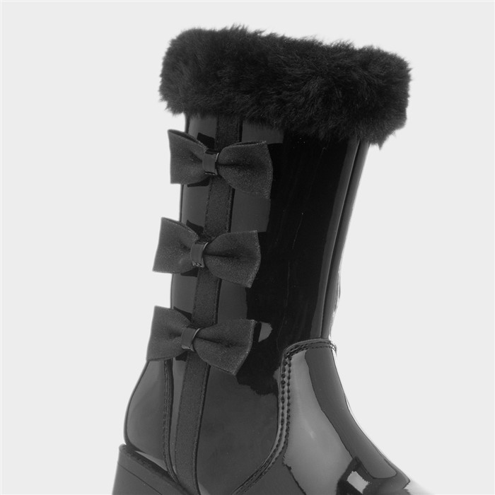 Farrah Girls Black Patent Bow Calf Boot