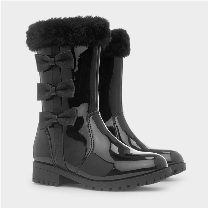 Farrah Girls Black Patent Bow Calf Boot