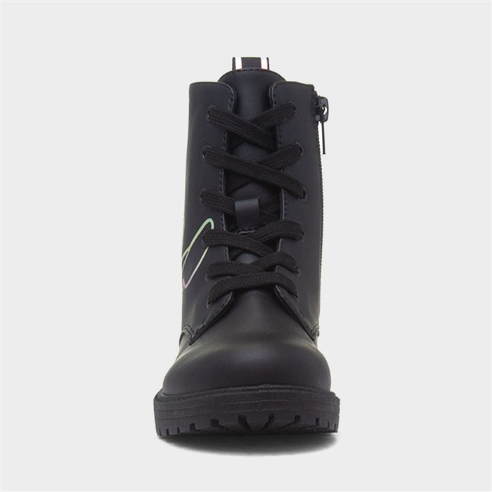 Kids Black Zip Up Lace Up Ankle Boot