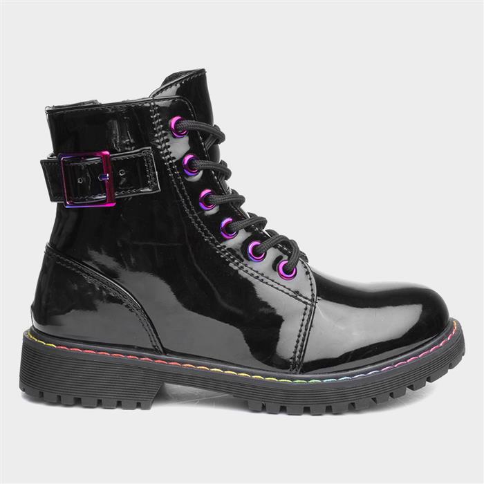 Girls Black Patent Iridescent Ankle Boot
