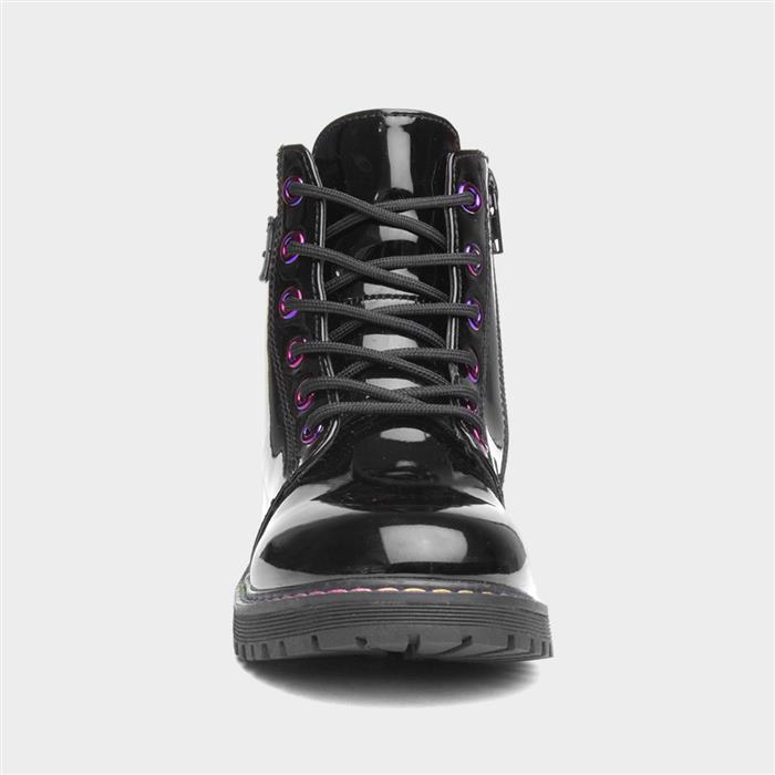 Girls Black Patent Iridescent Ankle Boot